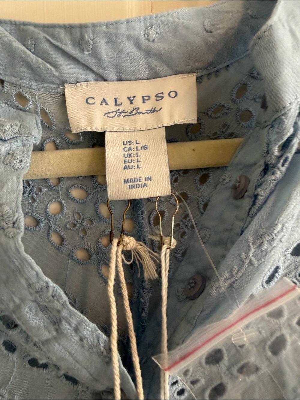 Calypso St. Barth Pale Blue Eyelet Peasant Blouse - Picture 2 of 5